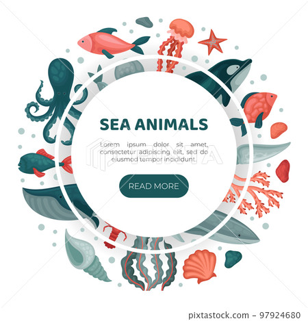 Sea animals web banner template. Underwater wild life, marine world landing page, website cartoon vector Sea animals web banner template. Underwater wild life, marine world landing page, website cartoon vector 97924680