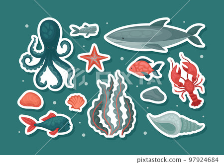 Sea and ocean underwater animals stickers set. Cute aquatic creatures cartoon vector 97924684