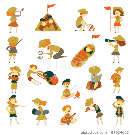 Scouting boys and girls set. Cute children in scouts uniform with hiking equipment doing outdoor activities cartoon vector 97924692