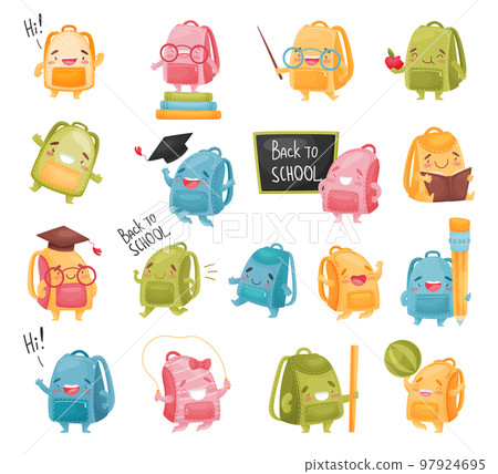 Cute funny school bag characters set. Backpacks with smiling friendly faces with school supplies cartoon vector 97924695