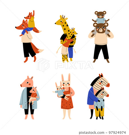 Animal parents and their kids set. Fox, giraffe, bear, pig, rabbit, zebra families cartoon vector illustration Animal parents and their kids set. Fox, giraffe, bear, pig, rabbit, zebra families cartoon vector illustration 97924974
