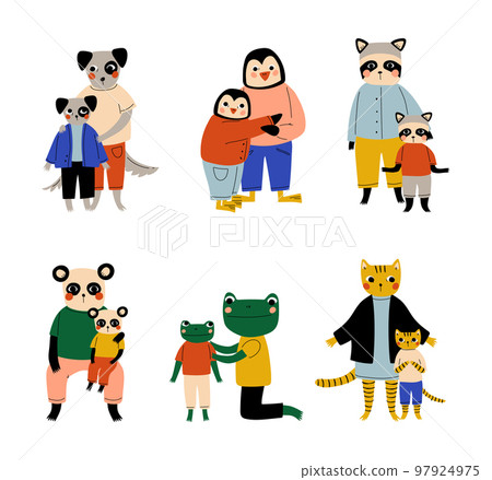 Animal parents and their kids set. Dog, penguin, raccoon, panda, frog, tiger families cartoon vector Animal parents and their kids set. Dog, penguin, raccoon, panda, frog, tiger families cartoon vector 97924975