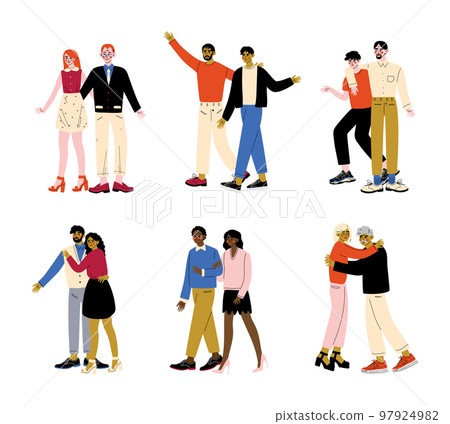 People hugging set. Homosexual and heterosexual couples in love. Men and women of different ages and nationalities hugging cartoon vector illustration 97924982