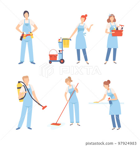 Set of cleaning company staff. Male and female professional workers in overalls with cleaning supplies cartoon vector illustration Set of cleaning company staff. Male and female professional workers in overalls with cleaning supplies cartoon vector illustration 97924983