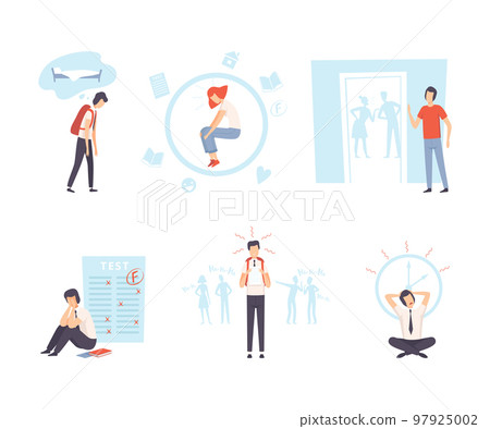 Teenage puberty problems set. Depression, stress at school, problems with parents flat vector illustration Teenage puberty problems set. Depression, stress at school, problems with parents flat vector illustration 97925002