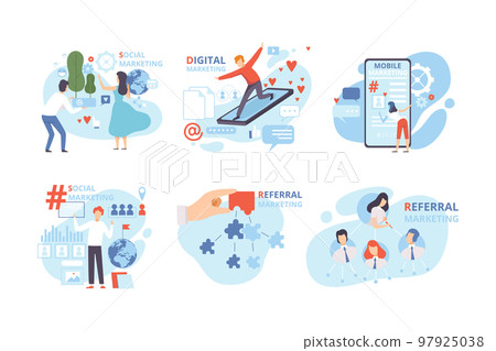 Business people taking part in business activities set. Dgital, social media, mobile, referral marketing flat vector illustration 97925038
