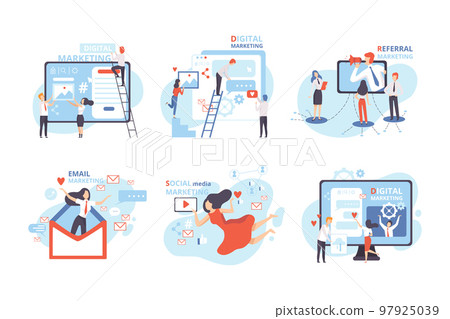 Digital, social media, referral, email marketing set. Office people taking part in business activities flat vector illustration 97925039