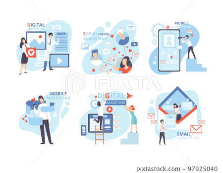 Dgital, social media, mobile, referral, email marketing set. Business people taking part in business activities flat vector illustration 97925040