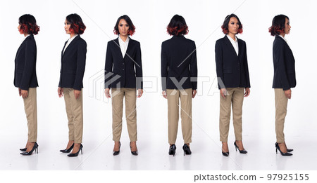 Full length 20s Asian Woman wear formal Business dress blazer high heel shoes. Black short curl hair female feel happy smile fashion vintage, 360 front side rear back over white background isolated 97925155