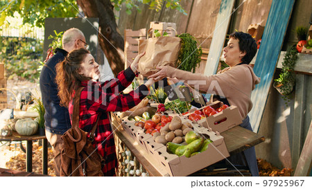 Woman stand owner putting fresh produce in bag to sell to young customer, choosing natural bio products. Happy client receiving homegrown natural eco fruits and vegetables, farmers market. Woman stand owner putting fresh produce in bag to sell to young customer, choosing natural bio products. Happy client receiving homegrown natural eco fruits and vegetables, farmers market. 97925967
