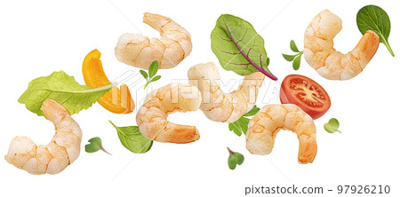 Falling shrimp salad ingredients isolated on white background 97926210