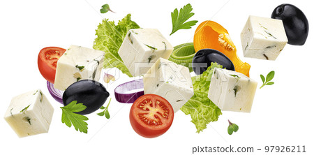 Falling greek salad ingredients isolated on white background, mediterranean food concept 97926211