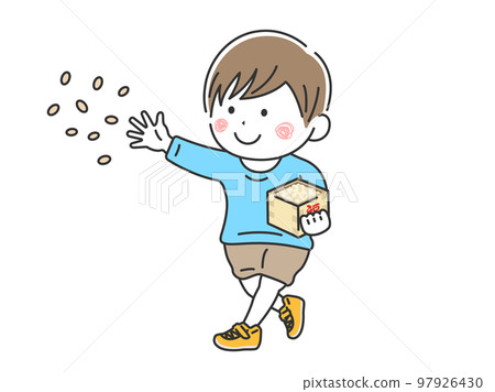 Illustration of a boy throwing beans on Setsubun Illustration of a boy throwing beans on Setsubun 97926430