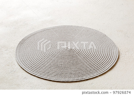 Perspective view of round tablecloth for food on cement background. Empty space for your design Perspective view of round tablecloth for food on cement background. Empty space for your design 97926874