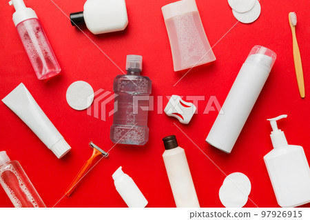 Mockup for bathing products top view flat lay, spa razor, toothpaste, soap, gel and other various accessories. Cosmetics for skin health. Bath Mockup for your logo Mockup for bathing products top view flat lay, spa razor, toothpaste, soap, gel and other various accessories. Cosmetics for skin health. Bath Mockup for your logo 97926915