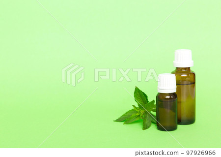 Natural Mint Essential Oil in a Glass Bottle. organic cosmetics with herbal extracts of mint on colored background Natural Mint Essential Oil in a Glass Bottle. organic cosmetics with herbal extracts of mint on colored background 97926966