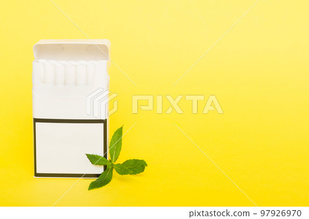 Pack of menthol cigarettes and fresh mint on colored table, Menthol cigarettes top view flat lay 97926970