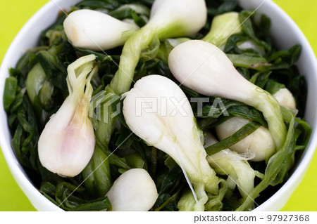Pickled spring onion in white bowl 97927368