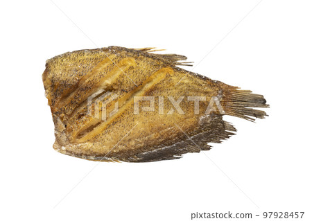 Fried snakeskin gourami fish isolated on white background Fried snakeskin gourami fish isolated on white background 97928457