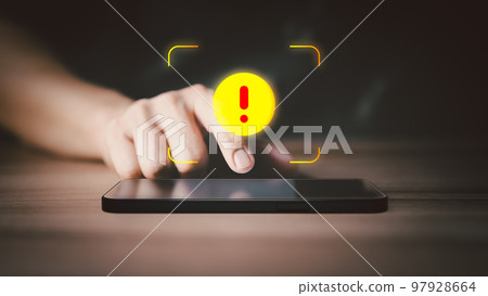 Man using smartphone on social media with exclamation mark for error notification and maintenance concept. Man using smartphone on social media with exclamation mark for error notification and maintenance concept. 97928664