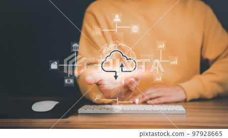 Man working at cloud data icon, cloud computing diagram show on hand. Cloud technology. Data storage. Networking and internet service concept. 97928665