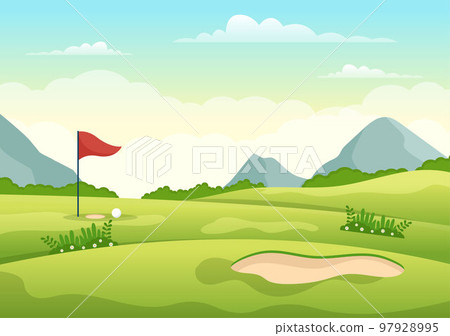 Golf Sport Illustration with Flags, Cart, Sticks, Green Field and Sand Bunker for Outdoors Fun or Lifestyle in Flat Cartoon Hand Drawn Templates Golf Sport Illustration with Flags, Cart, Sticks, Green Field and Sand Bunker for Outdoors Fun or Lifestyle in Flat Cartoon Hand Drawn Templates 97928995