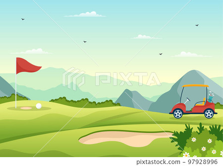 Golf Sport Illustration with Flags, Cart, Sticks, Green Field and Sand Bunker for Outdoors Fun or Lifestyle in Flat Cartoon Hand Drawn Templates 97928996