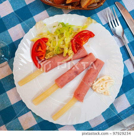 Ham rolls with asparagus mayonnaise and salad Ham rolls with asparagus mayonnaise and salad 97929234
