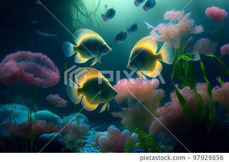Colorful coral reef and fish. Clean underwater world scene. (Created with Generative AI technology) Colorful coral reef and fish. Clean underwater world scene. (Created with Generative AI technology) 97929856