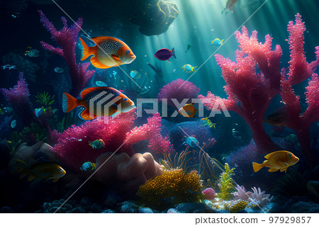 Colorful coral reef and fish. Clean underwater world scene. (Created with Generative AI technology) Colorful coral reef and fish. Clean underwater world scene. (Created with Generative AI technology) 97929857
