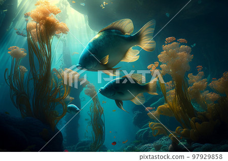Colorful coral reef and fish. Clean underwater world scene. (Created with Generative AI technology) 97929858