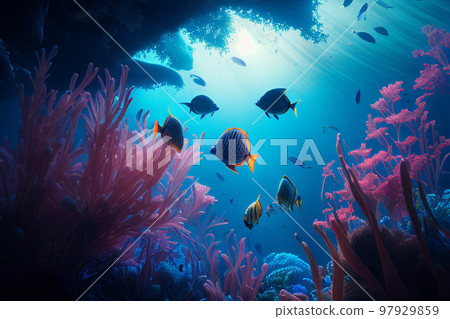 Colorful coral reef and fish. Clean underwater world scene. (Created with Generative AI technology) 97929859
