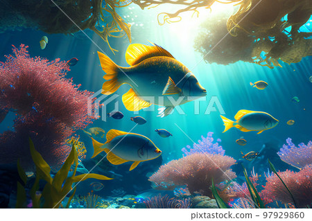 Colorful coral reef and fish. Clean underwater world scene. (Created with Generative AI technology) Colorful coral reef and fish. Clean underwater world scene. (Created with Generative AI technology) 97929860