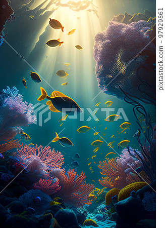 Colorful coral reef and fish. Clean underwater world scene. (Created with Generative AI technology) Colorful coral reef and fish. Clean underwater world scene. (Created with Generative AI technology) 97929861
