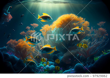 Colorful coral reef and fish. Clean underwater world scene. (Created with Generative AI technology) 97929862