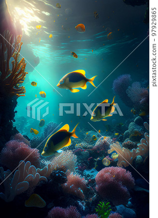 Colorful coral reef and fish. Clean underwater world scene. (Created with Generative AI technology) 97929865