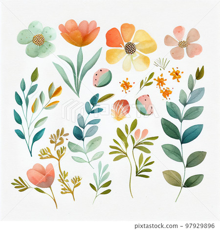 Set flowers and leave painting watercolor floral illustration created with Generative AI technology. 97929896