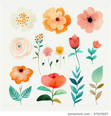 Set flowers and leave painting watercolor floral illustration created with Generative AI technology. 97929897