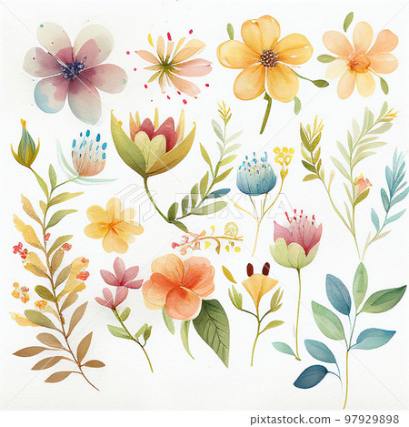 Set flowers and leave painting watercolor floral illustration created with Generative AI technology. 97929898