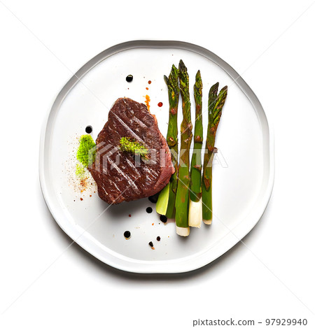 Grilled beef steaks medium rare with spices on white dish (Created with Generative AI technology). 97929940