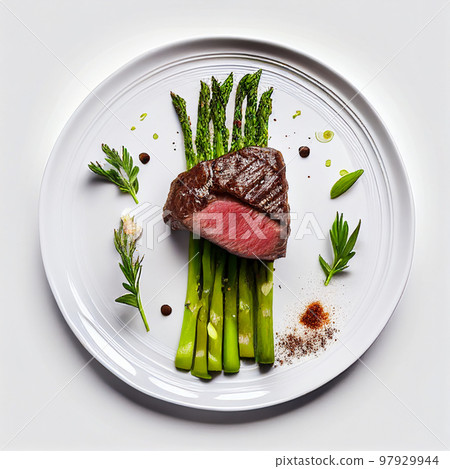 Grilled beef steaks medium rare with spices on white dish (Created with Generative AI technology). 97929944