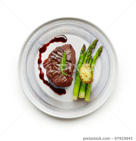 Grilled beef steaks medium rare with spices on white dish (Created with Generative AI technology). Grilled beef steaks medium rare with spices on white dish (Created with Generative AI technology). 97929945