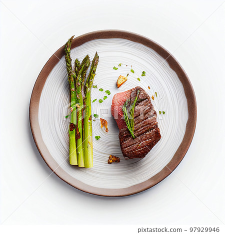 Grilled beef steaks medium rare with spices on white dish (Created with Generative AI technology). 97929946