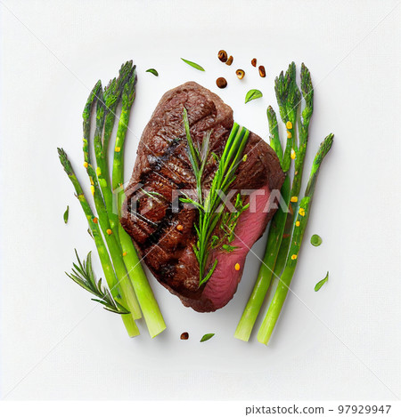 Grilled beef steaks medium rare with spices on white dish (Created with Generative AI technology). Grilled beef steaks medium rare with spices on white dish (Created with Generative AI technology). 97929947