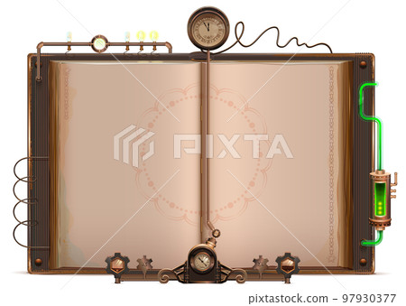 Retro open book steampunk illustration template page Retro open book steampunk illustration template page 97930377