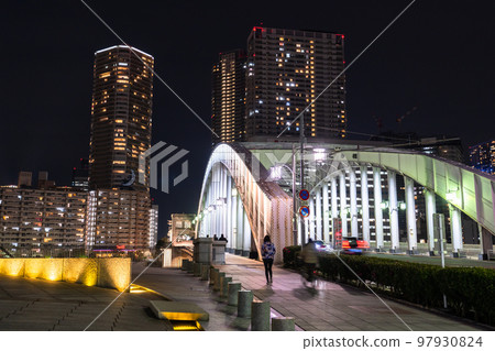 "Tokyo" Night view of Kachidoki Bridge and tower apartments, Tokyo Bay Area 97930824
