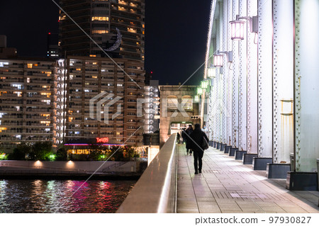 "Tokyo" Night view of Kachidoki Bridge and tower apartments, Tokyo Bay Area 97930827