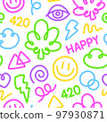 Colorful Neon Lights 420 Cartoon Doodle Seamless Pattern for Cannabis Dispensary or Medical 97930871