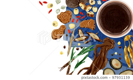 Chinese herbal medicine handwritten watercolor style illustration arranged on the table 97931139