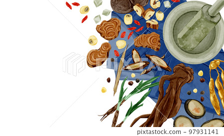 擺在桌子上的中草藥手寫水彩風格插圖 97931141